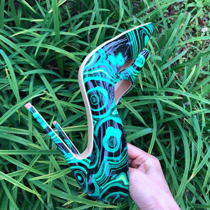 Green Floral Print Patent Pumps with Slip On Pointed Toe Stilettos for Women