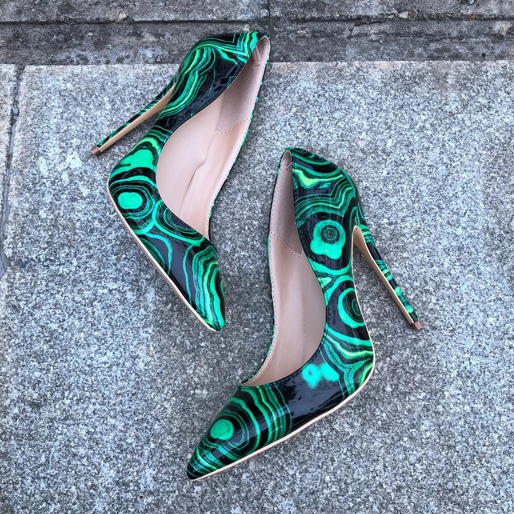 Green Floral Print Patent Pumps with Slip On Pointed Toe Stilettos for Women