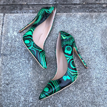 Green Floral Print Patent Pumps with Slip On Pointed Toe Stilettos for Women
