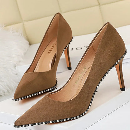 Metal Beads Black Suede High Heel Stiletto Wedding Shoes Women Pumps
