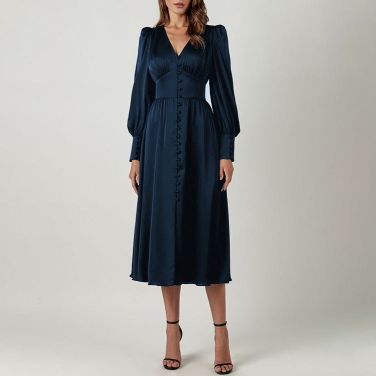 Satin Puff Sleeve Button Cuff Ruched Bust Button Front Midi Dress