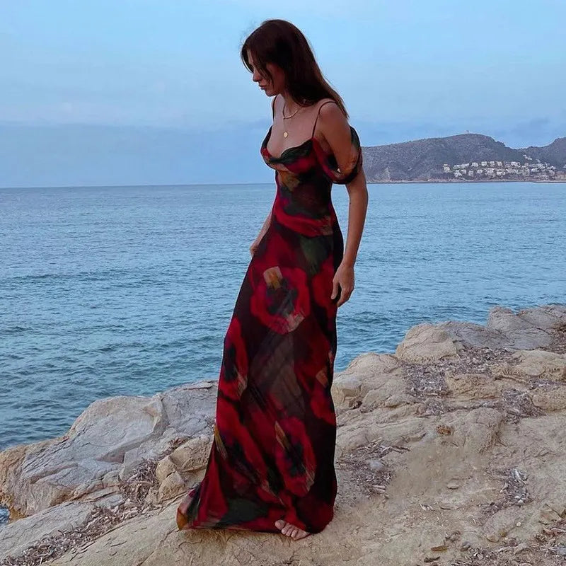 Mesh A-line Maxi Floral Dress