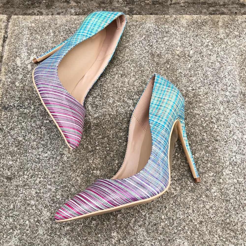 Gradient Color Plaid Print Patent Pointy Toe Stilettos for Women