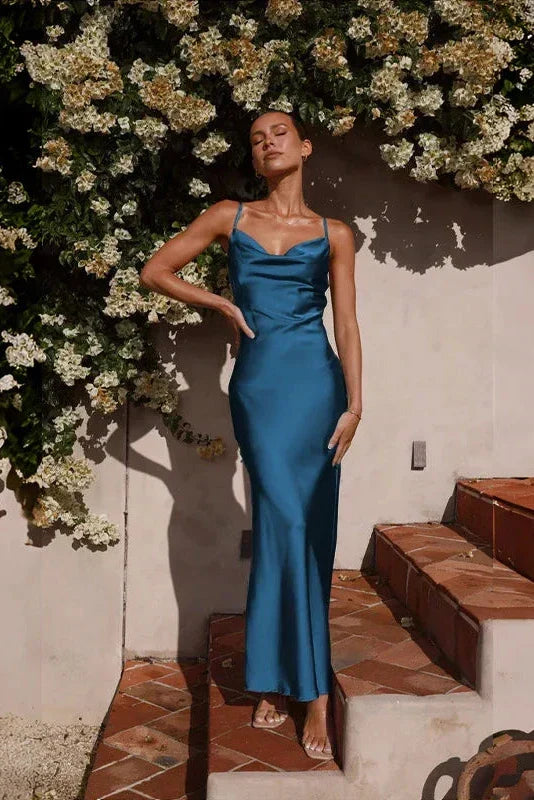 Cowl Neck Spaghetti Strap Satin Bias Cut Column Maxi Dress