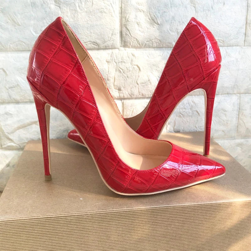 Red Crocodile-Effect Embossed Stiletto High Heels for Women