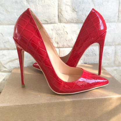Red Crocodile-Effect Embossed Stiletto High Heels for Women