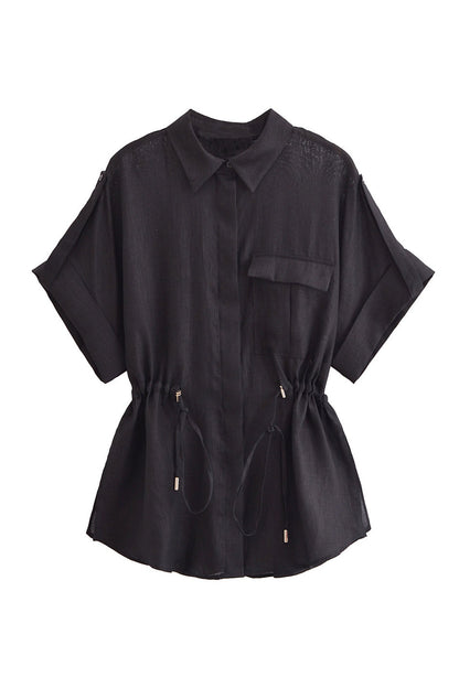 Half Sleeve Drawstring Shirt Long Pants Two-Piece Set