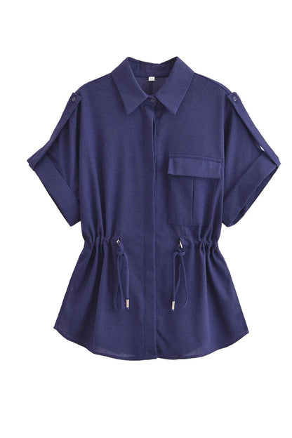 Half Sleeve Drawstring Shirt Long Pants Two-Piece Set