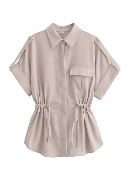 Half Sleeve Drawstring Shirt Long Pants Two-Piece Set