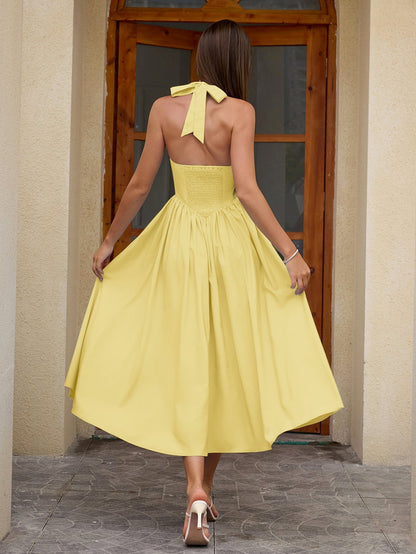 Halter Ruched Backless Flared Pocket Long Dress