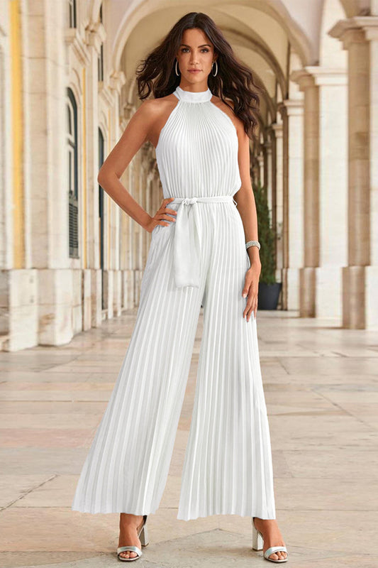Halter Tie-Front Pleated Wide Leg Jumpsuits
