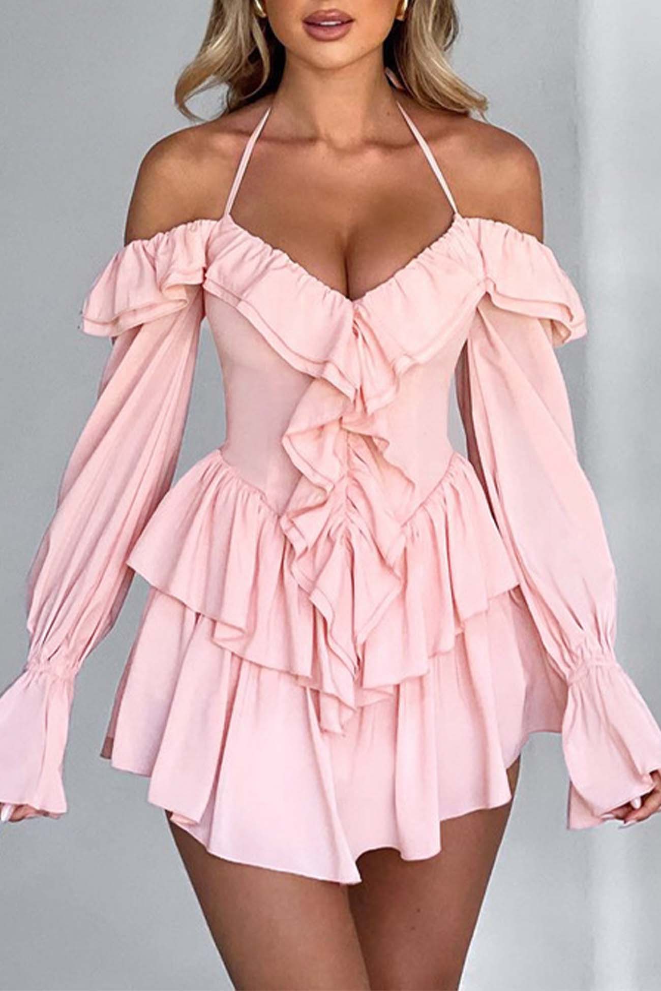 Halter Neck Cold Shoulder Ruffle Plunge Bodice Tiered Bell Sleeve Flounce Mini Dress