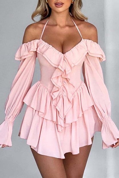 Halter Neck Cold Shoulder Ruffle Plunge Bodice Tiered Bell Sleeve Flounce Mini Dress