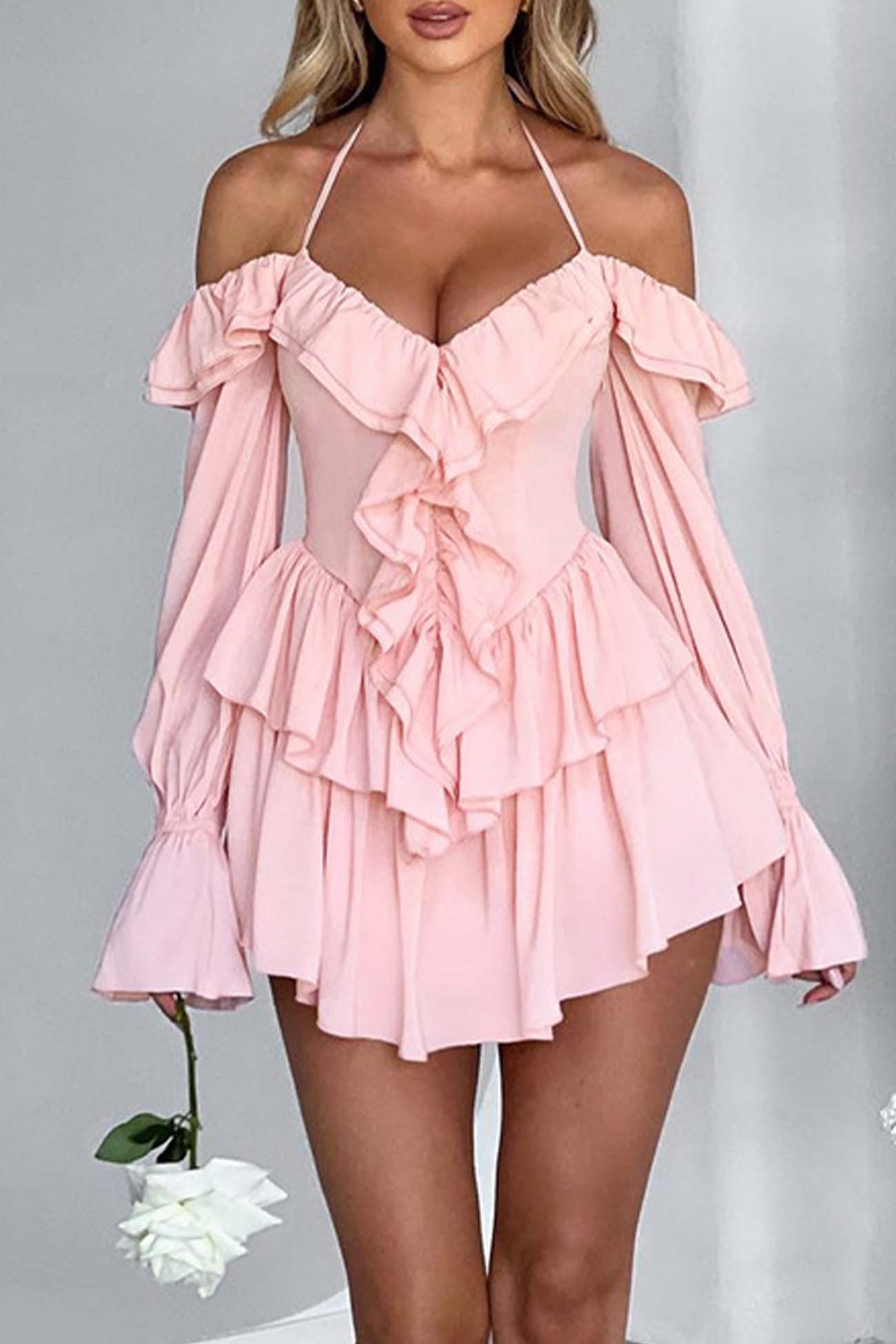 Halter Neck Cold Shoulder Ruffle Plunge Bodice Tiered Bell Sleeve Flounce Mini Dress