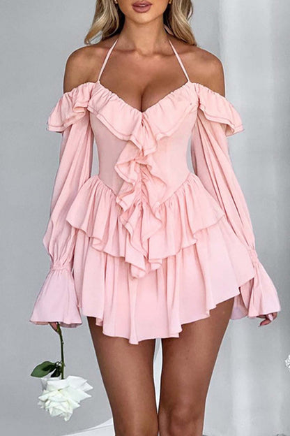 Halter Neck Cold Shoulder Ruffle Plunge Bodice Tiered Bell Sleeve Flounce Mini Dress