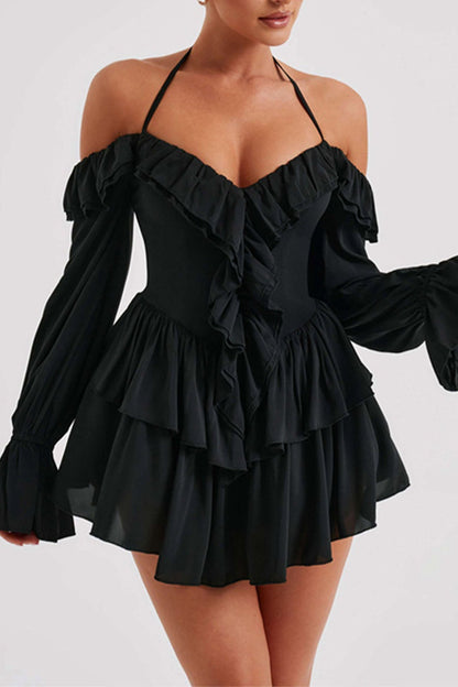 Halter Neck Cold Shoulder Ruffle Plunge Bodice Tiered Bell Sleeve Flounce Mini Dress