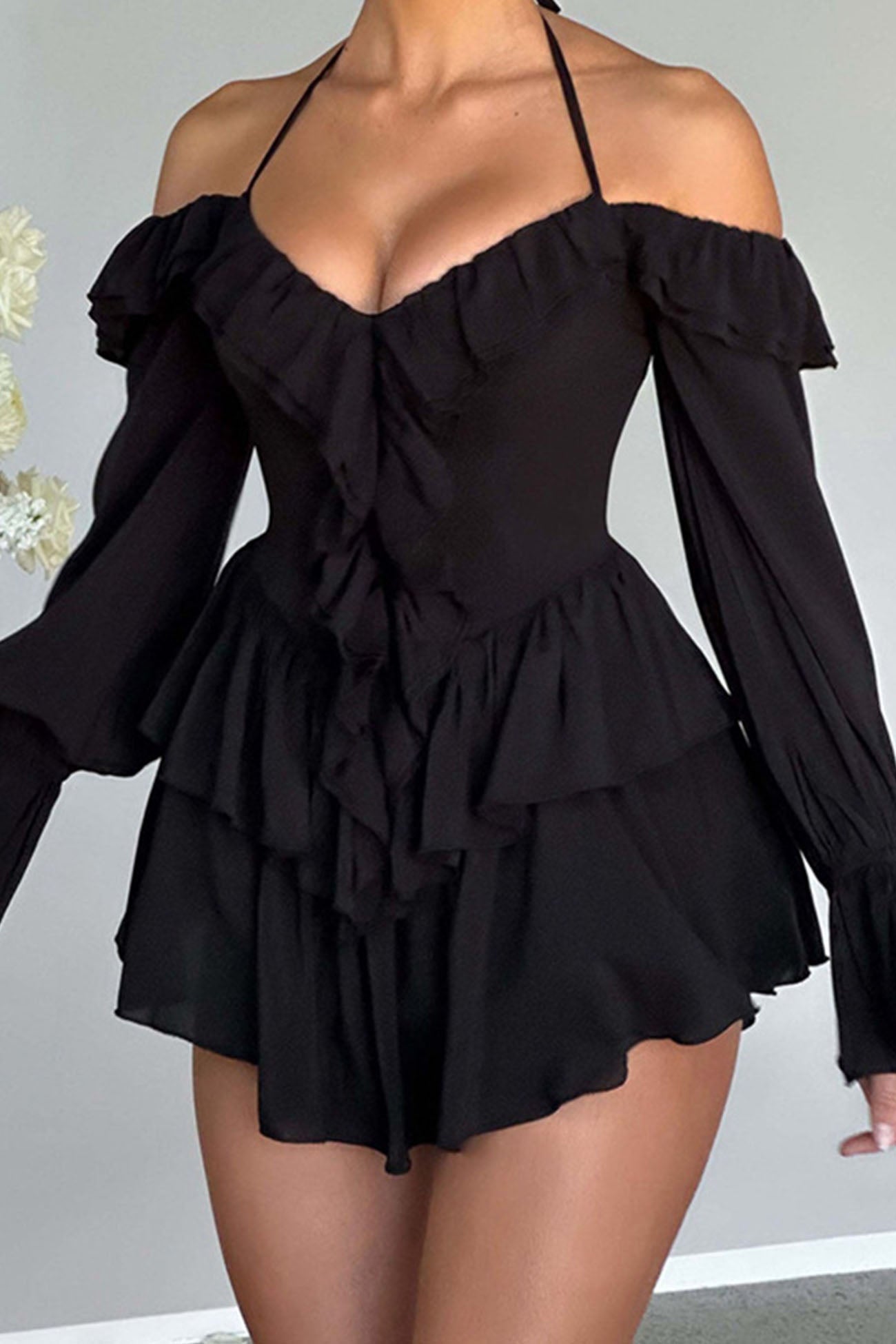 Halter Neck Cold Shoulder Ruffle Plunge Bodice Tiered Bell Sleeve Flounce Mini Dress