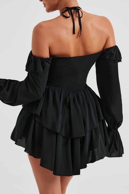 Halter Neck Cold Shoulder Ruffle Plunge Bodice Tiered Bell Sleeve Flounce Mini Dress