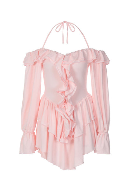 Halter Neck Cold Shoulder Ruffle Plunge Bodice Tiered Bell Sleeve Flounce Mini Dress