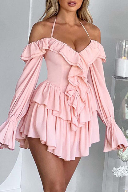 Halter Neck Cold Shoulder Ruffle Plunge Bodice Tiered Bell Sleeve Flounce Mini Dress