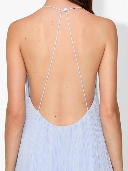 Deep V Neck Spaghetti Strap Pleated Crinkle Textured Maxi Dress