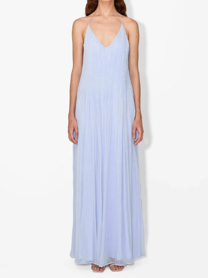 Deep V Neck Spaghetti Strap Pleated Crinkle Textured Maxi Dress