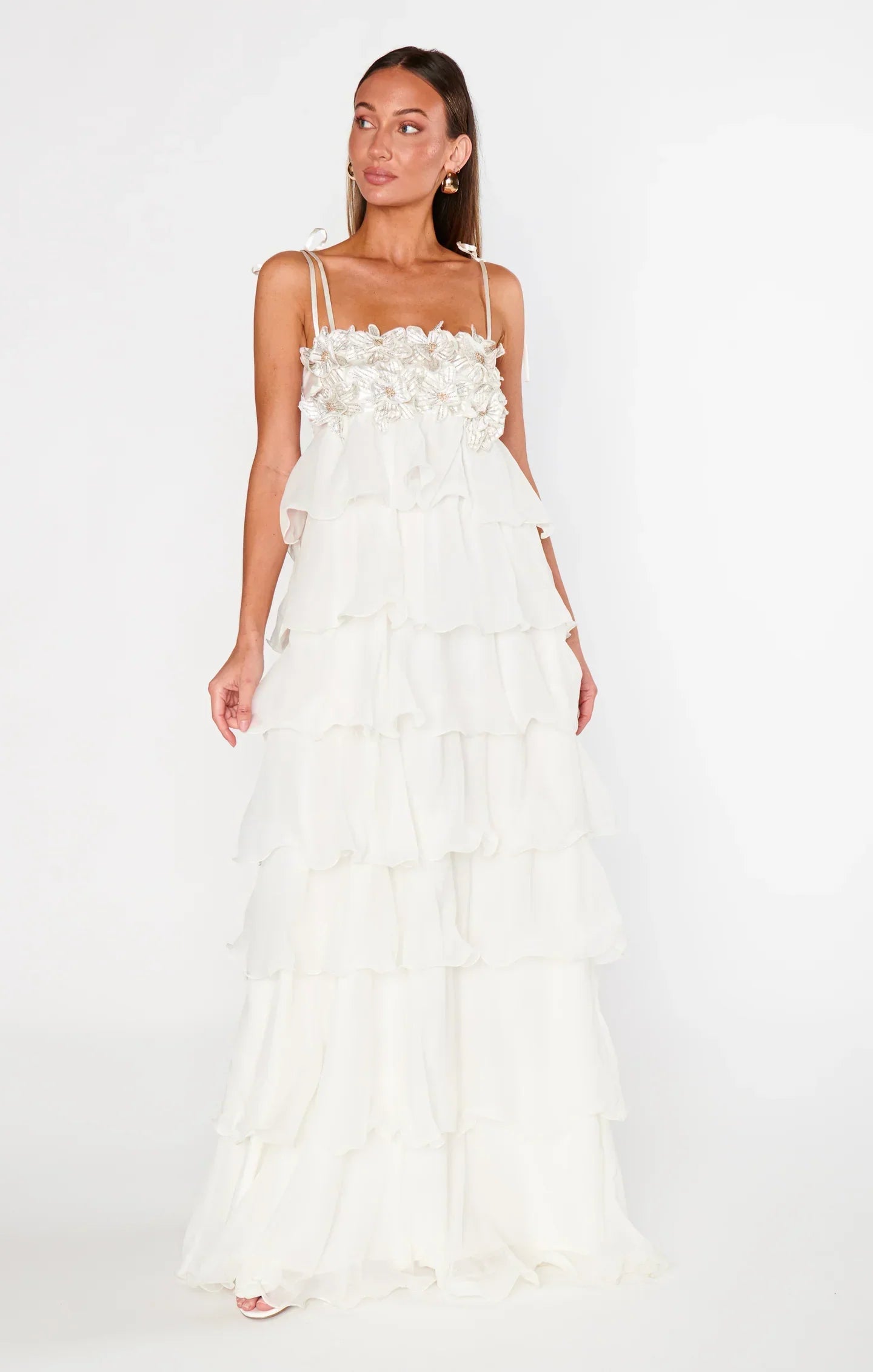Daniella | Women's Spaghetti Strap Floral Tiered Maxi Prom Dress