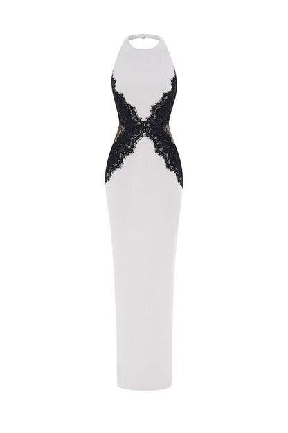 Kaira | Women's High-Neck Halter Backless Lace Maxi Dress