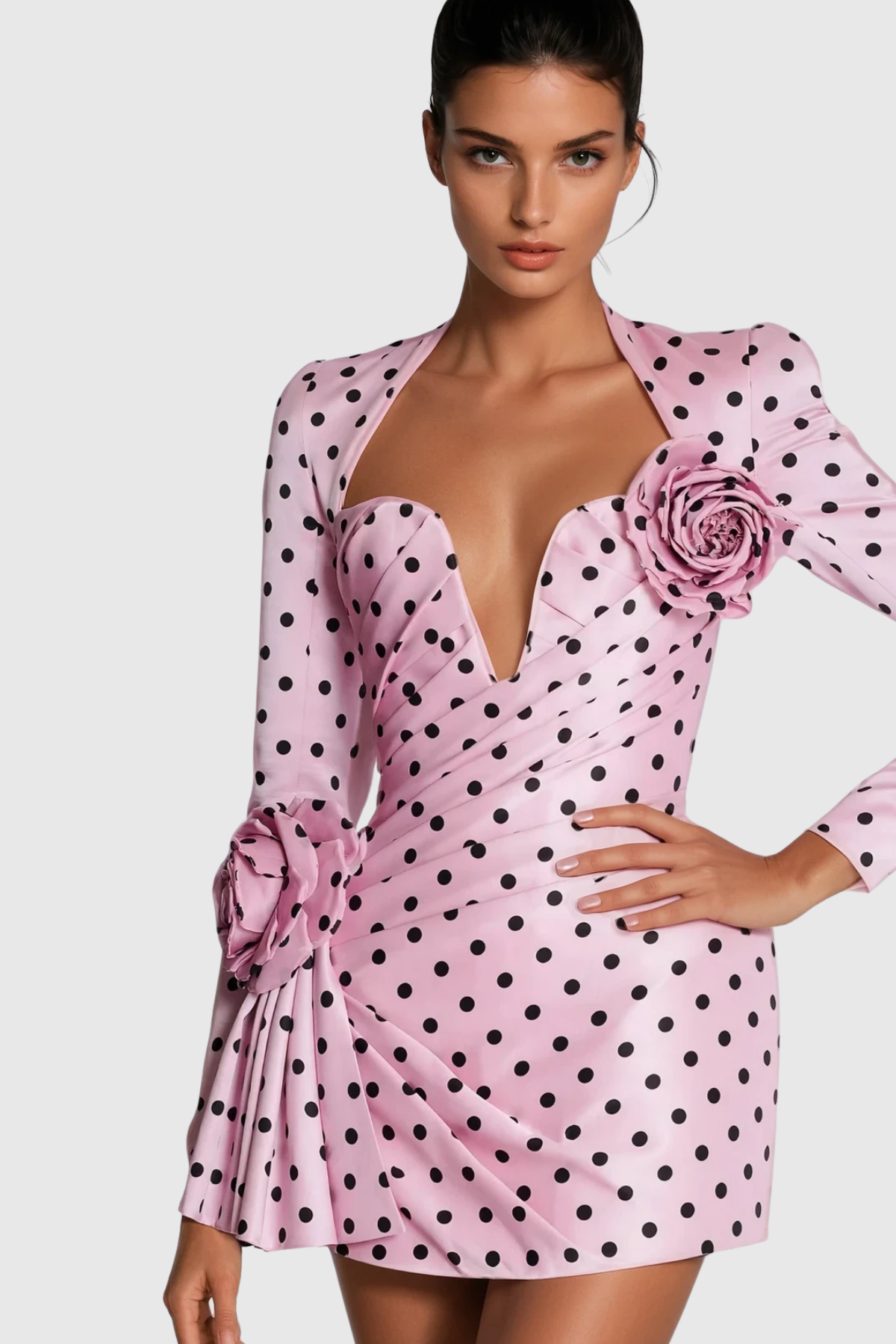 Lenora | Women's Long Sleeve Dot Flower Ruch Mini Dress