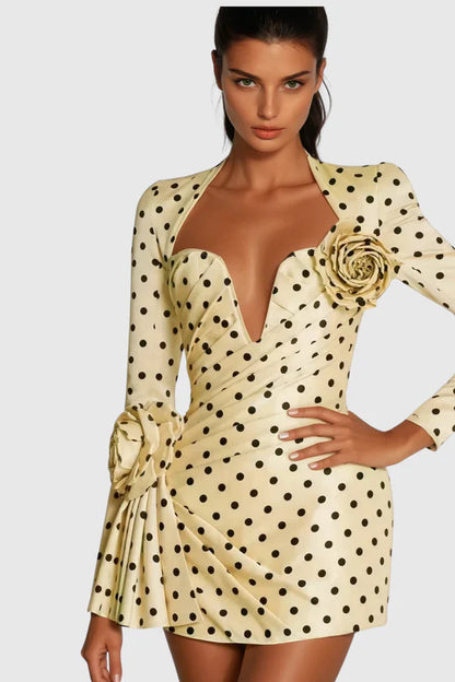 Lenora | Women's Long Sleeve Dot Flower Ruch Mini Dress
