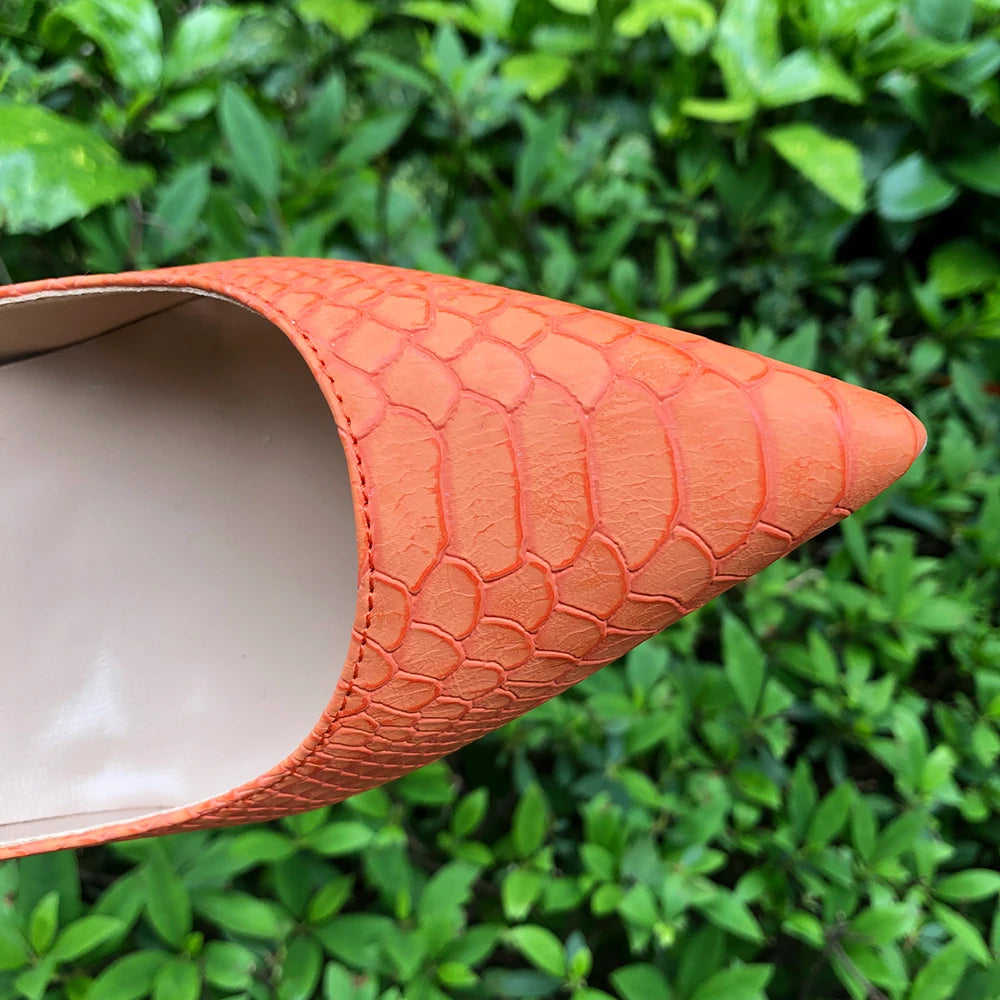 Orange Croc-Effect Pointy Toe High Heels for Women