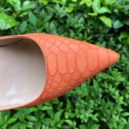 Orange Croc-Effect Pointy Toe High Heels for Women
