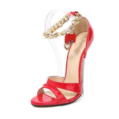 16cm High Metal Heel Open Toe Stiletto Sandals with Ankle Chains Lock for Women Crossdresser Pumps