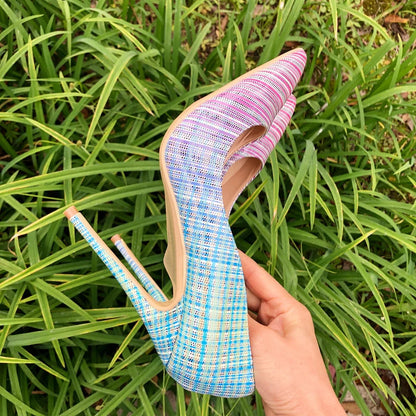 Gradient Color Plaid Print Patent Pointy Toe Stilettos for Women