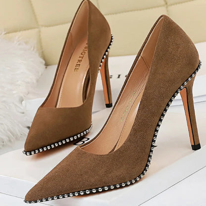 Metal Beads Black Suede High Heel Stiletto Wedding Shoes Women Pumps