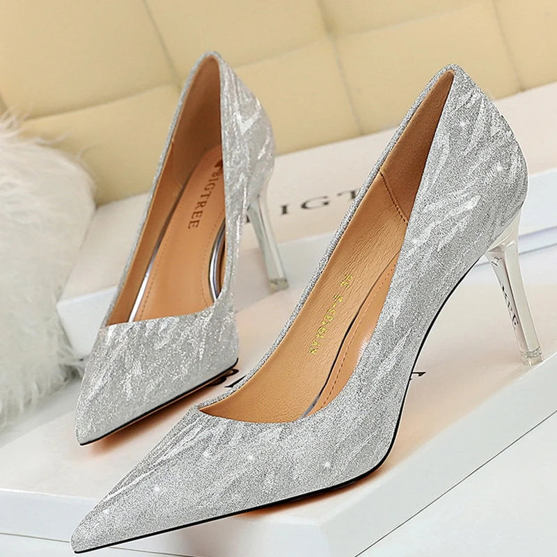 Silver Champagne Sequins Stiletto Wedding Shoes Women High Heels