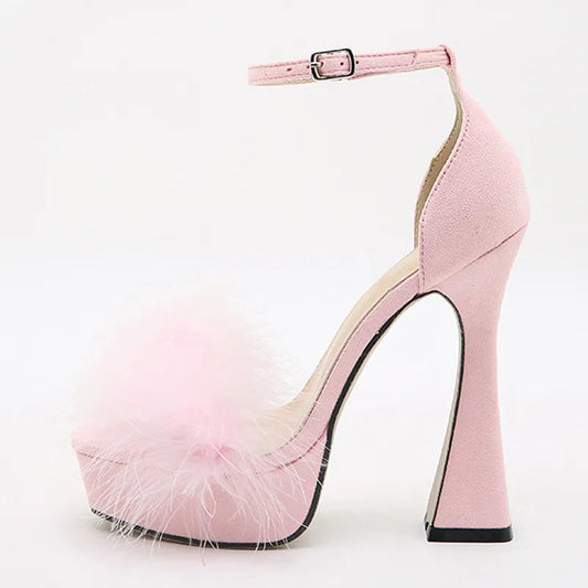 Pink Feather Fluffy High Heels Platform Sandals for Women