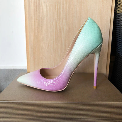 Mint Pink Crocodile Effect Pointy Toe High Heel Shoes for Women