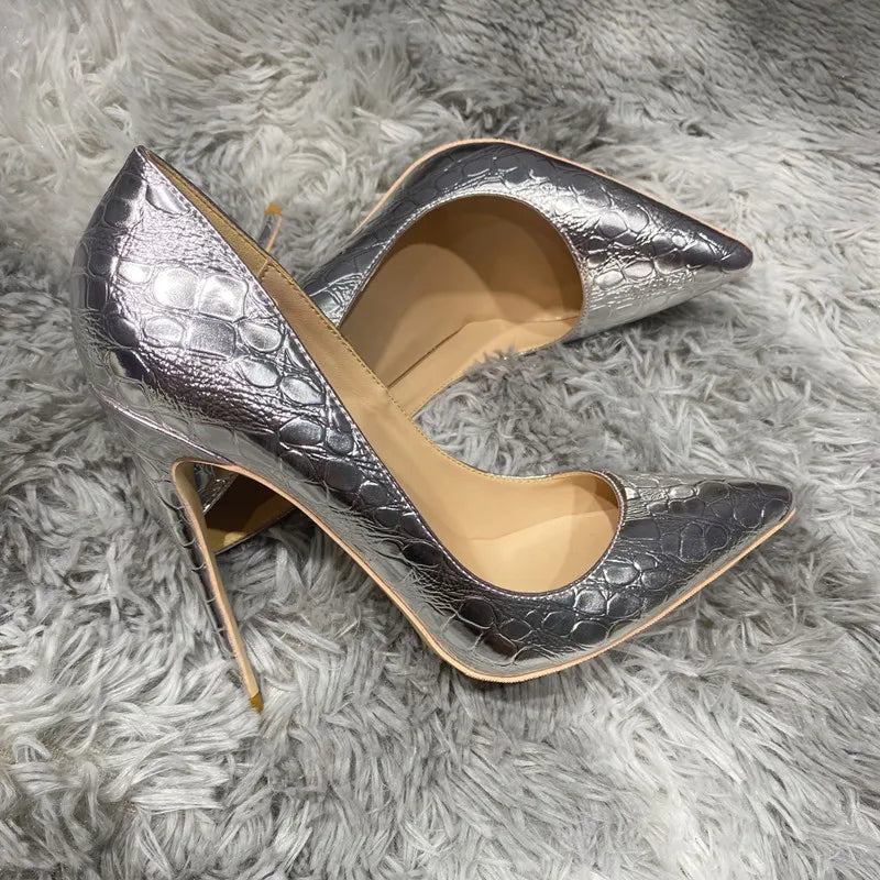 Silver Crocodile-Effect Women Sexy Pumps in 8cm, 10cm, and 12cm Pointed Toe High Heels