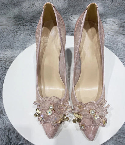 Floral Lace Mesh Pointy Toe High Heels for Women - Elegant Designer Stiletto