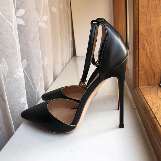 Black Matte Ankle Strap Pointy Toe High Heel Shoes for Women
