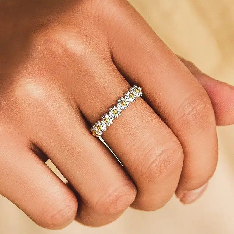 Enamel Daisy Band Ring | Adjustable Open Design | Hand Enamelled