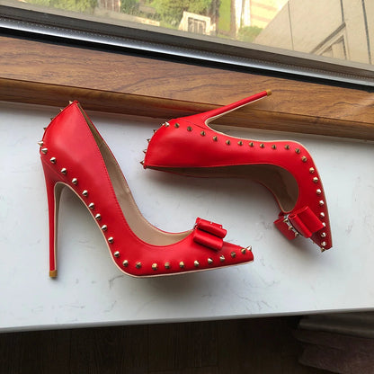 Red Matte Pointy Toe High Heel Shoes with Bow Spikes Rivets Stiletto Pumps for Women