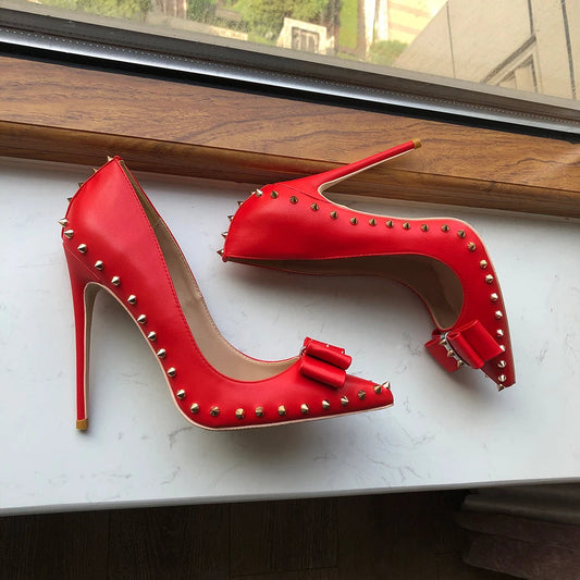 Red Matte Pointy Toe High Heel Shoes with Bow Spikes Rivets Stiletto Pumps for Women