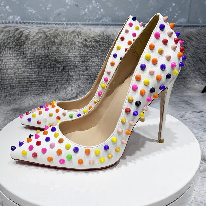 White Matte Pointy Toe High Heel Celebrity Party Shoes with Multi-Color Spikes for Women