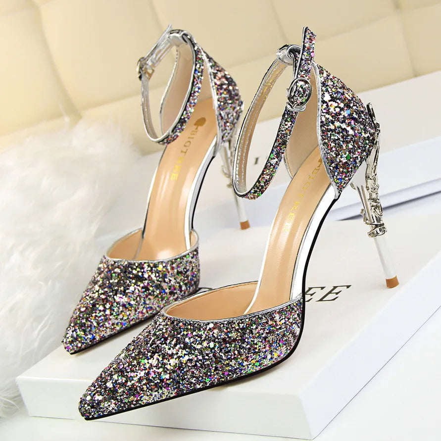 Sequined High Heel Stiletto Pumps in Gold and Silver