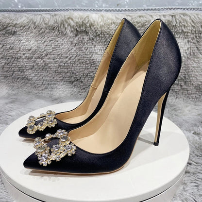 Purple Satin Pointy Toe High Heel with Glitter Square Decor