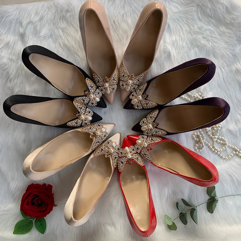 Glitter Bow Satin Pointy Toe High Heels Slip On Party Wedding Shoes for Women