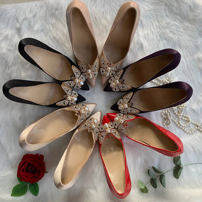 Glitter Bow Satin Pointy Toe High Heels Slip On Party Wedding Shoes for Women