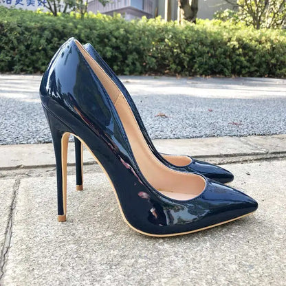 Navy Blue Patent Low Cut Pointy Toe Stiletto Pumps for Women